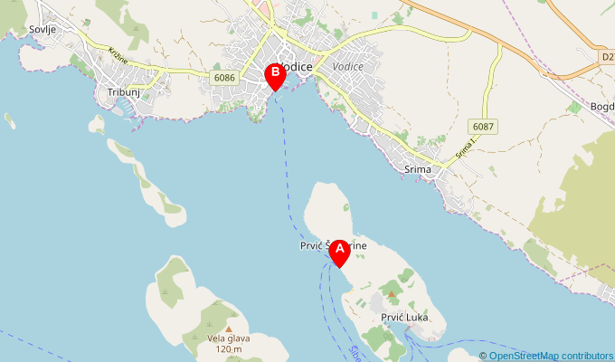 Map of ferry route between Sepurine and Vodice